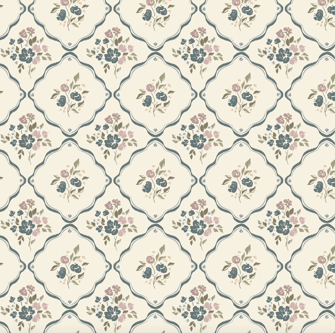 Nina Floral Wallpaper in Off-White, Charcoal, and Deep-Red