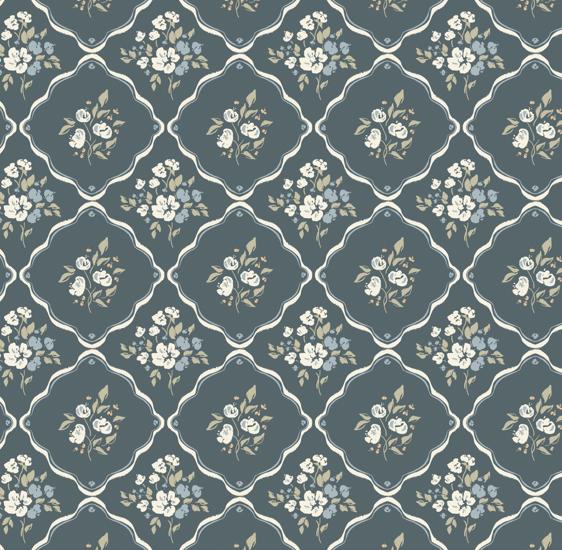 Nina Floral Wallpaper in Off-White, Charcoal, and Deep-Red