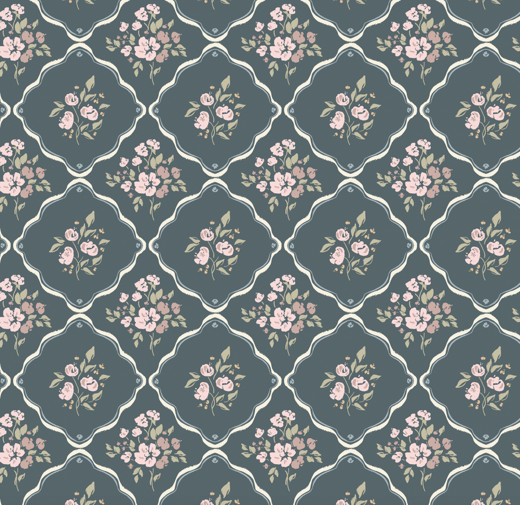 Nina Floral Wallpaper in Off-White, Charcoal, and Deep-Red