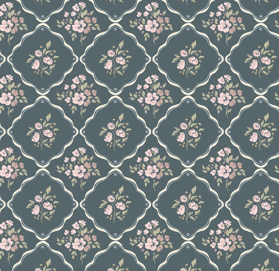 Nina Floral Wallpaper in Off-White, Charcoal, and Deep-Red