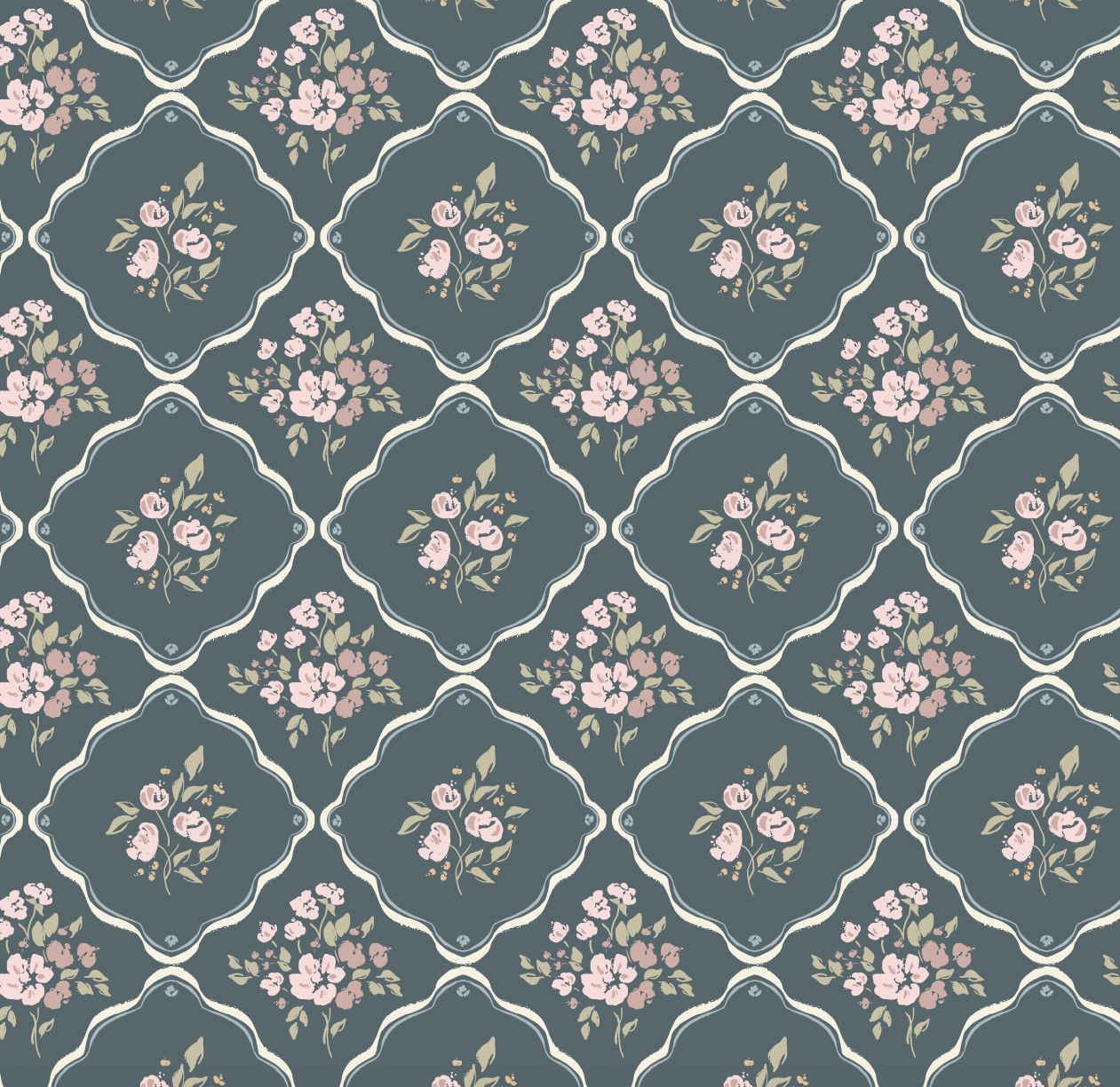 Nina Floral Wallpaper in Off-White, Charcoal, and Deep-Red