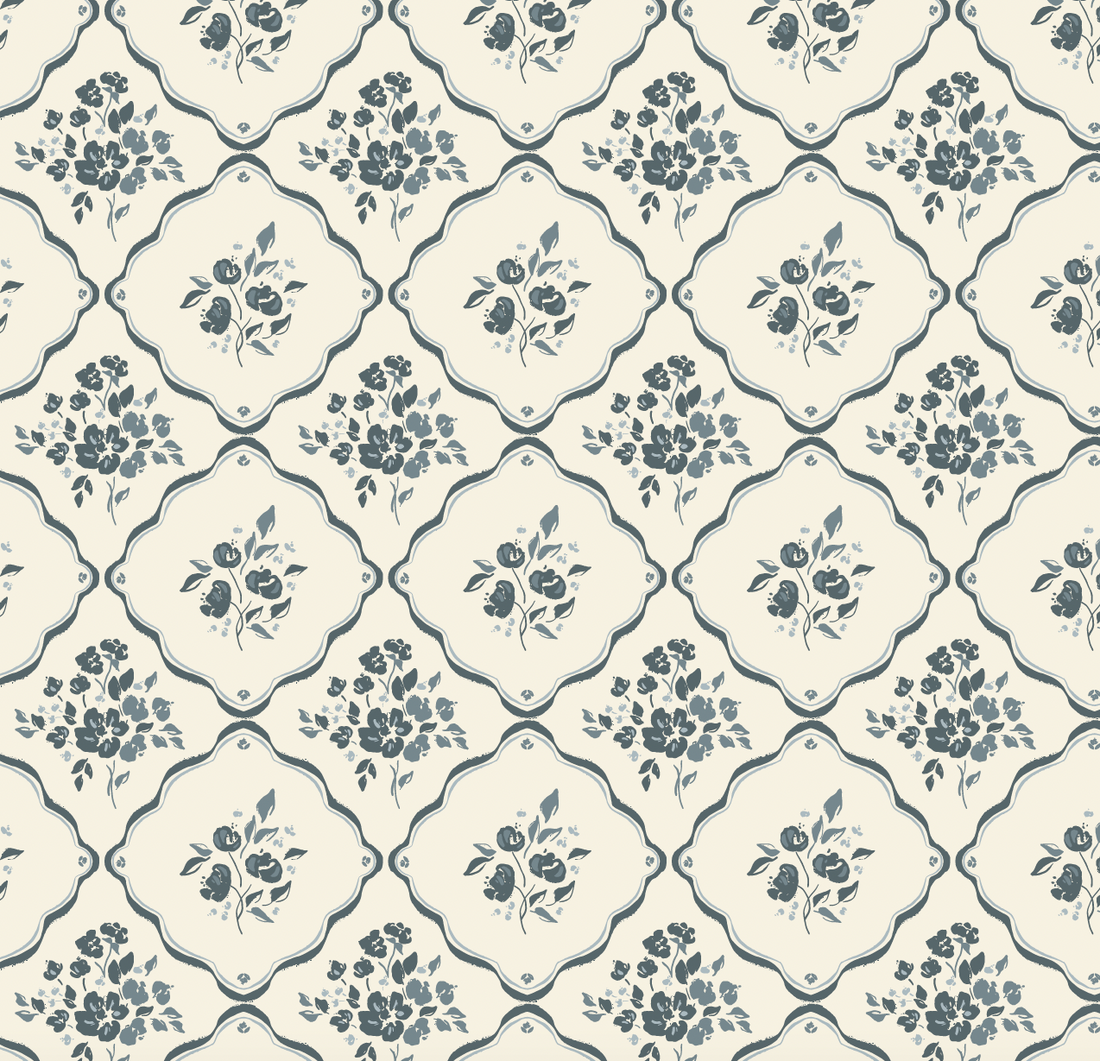Nina Floral Wallpaper in Off-White, Charcoal, and Deep-Red