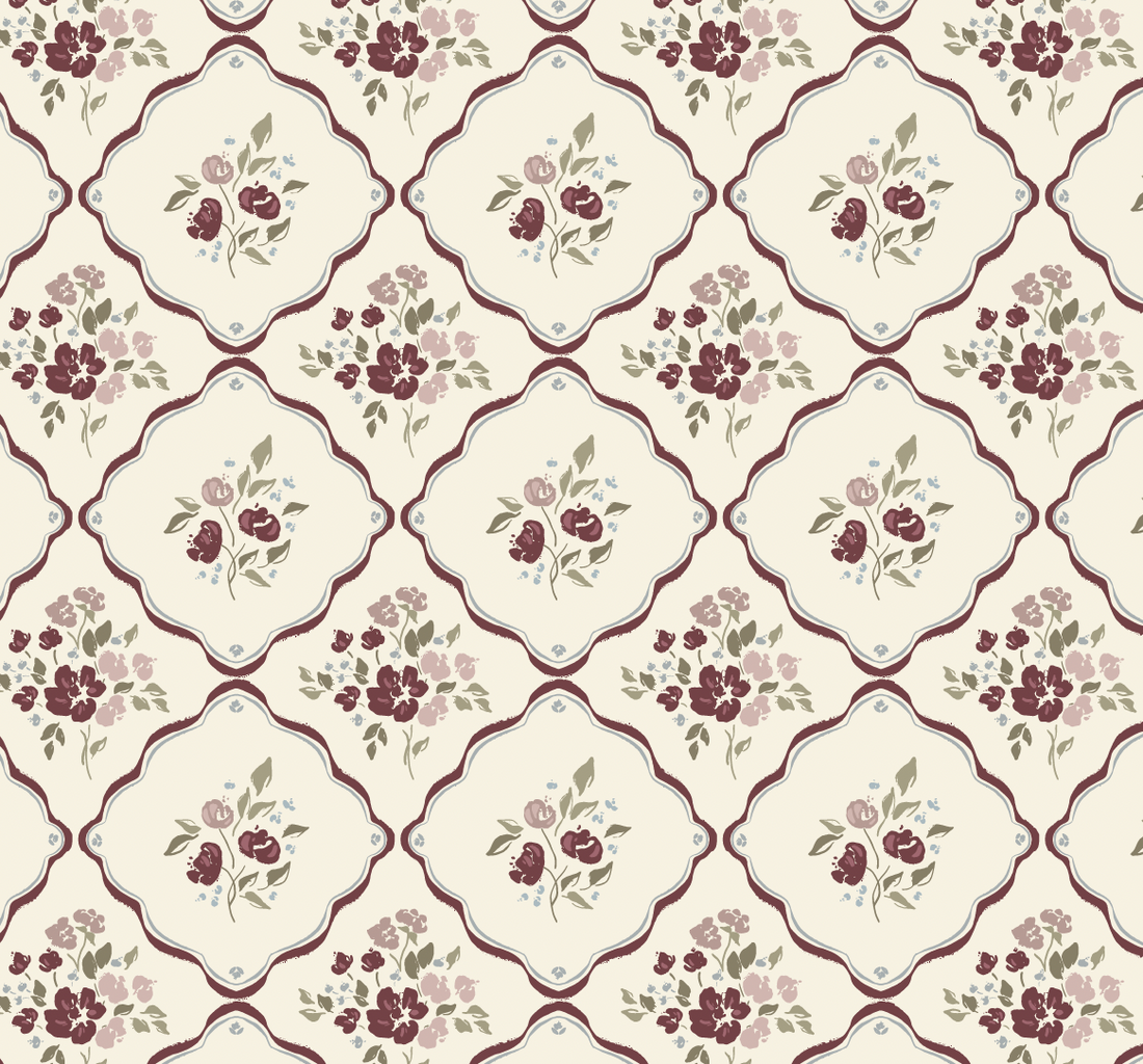 Nina Floral Wallpaper in Off-White, Charcoal, and Deep-Red
