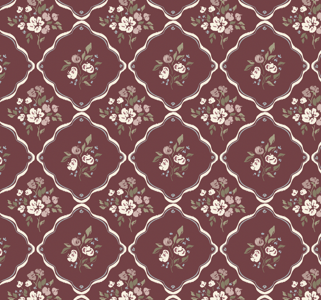 Nina Floral Wallpaper in Off-White, Charcoal, and Deep-Red