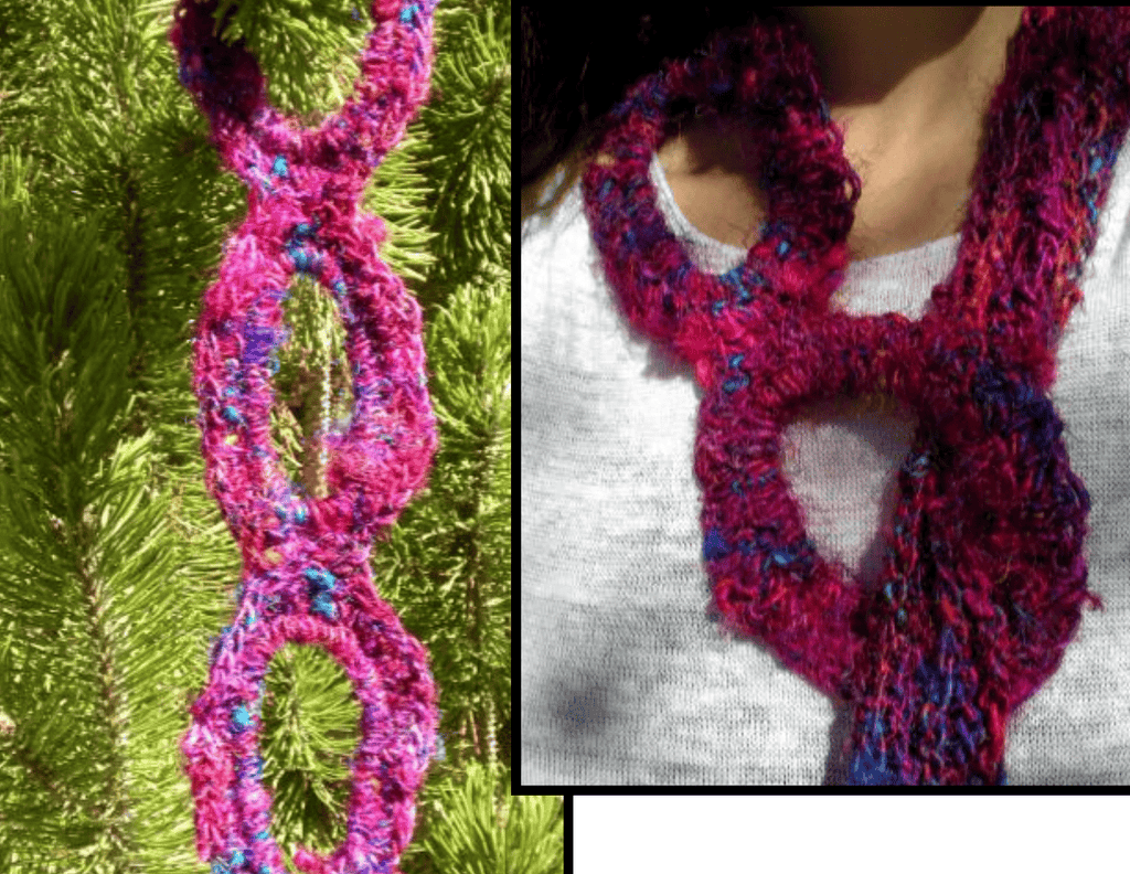 An asymmetrical knitted scarf styled in various ways including as a belt and headband.