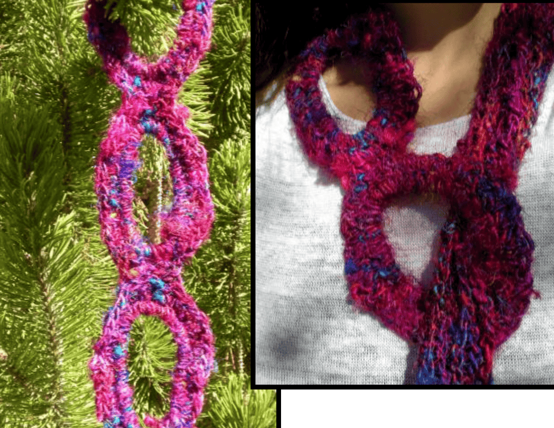 An asymmetrical knitted scarf styled in various ways including as a belt and headband.