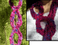 An asymmetrical knitted scarf styled in various ways including as a belt and headband.
