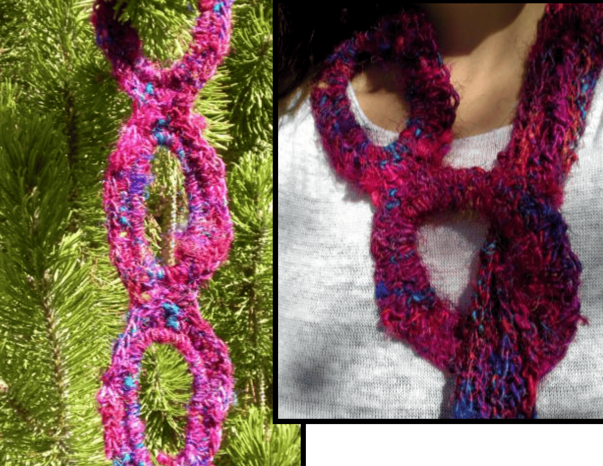 An asymmetrical knitted scarf styled in various ways including as a belt and headband.