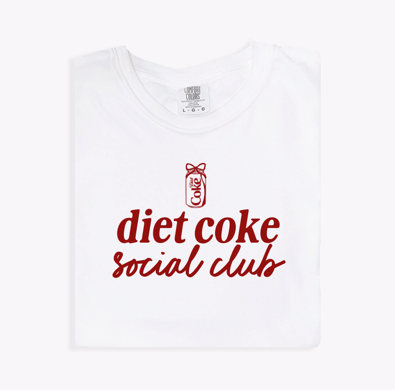 White Diet Coke Social Club graphic tee with red screen-printed logo