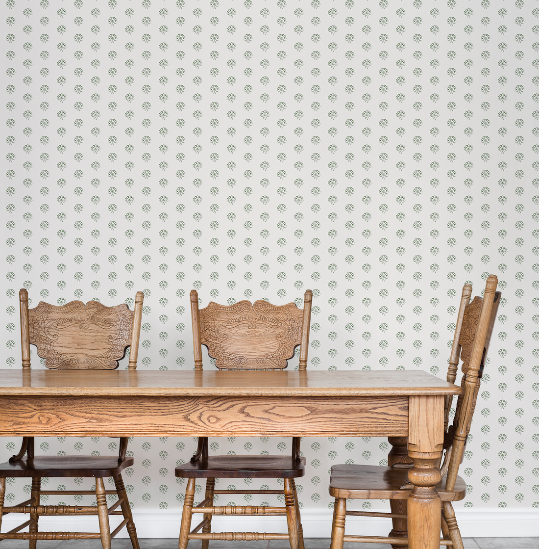 Hartley wallpaper in traditional style with green, blue, white, and cream colors.