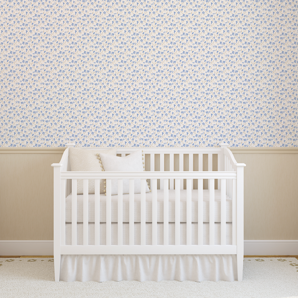 Romie floral wallpaper featuring blue, white, and beige patterns in a traditional cottagecore style.
