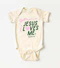 Unisex baby onesie featuring 'Jesus Loves Me' ribbon design in soft colors.