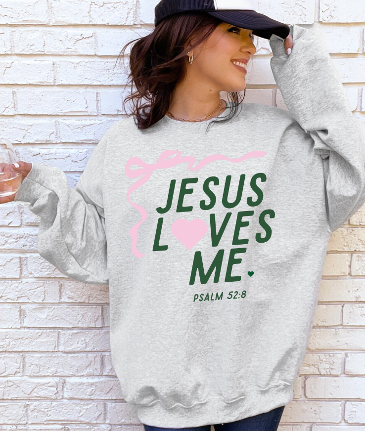 Adult relaxed-fit sweatshirt with Jesus Loves Me ribbon graphic