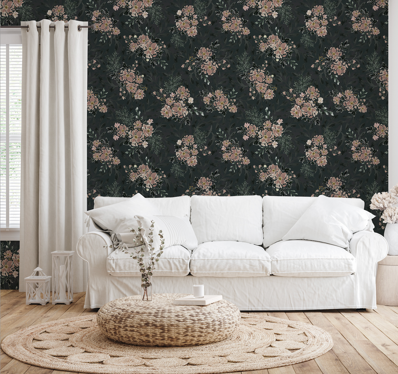 Ethel Floral Wallpaper in Pink, Green, White & Dark-Grey