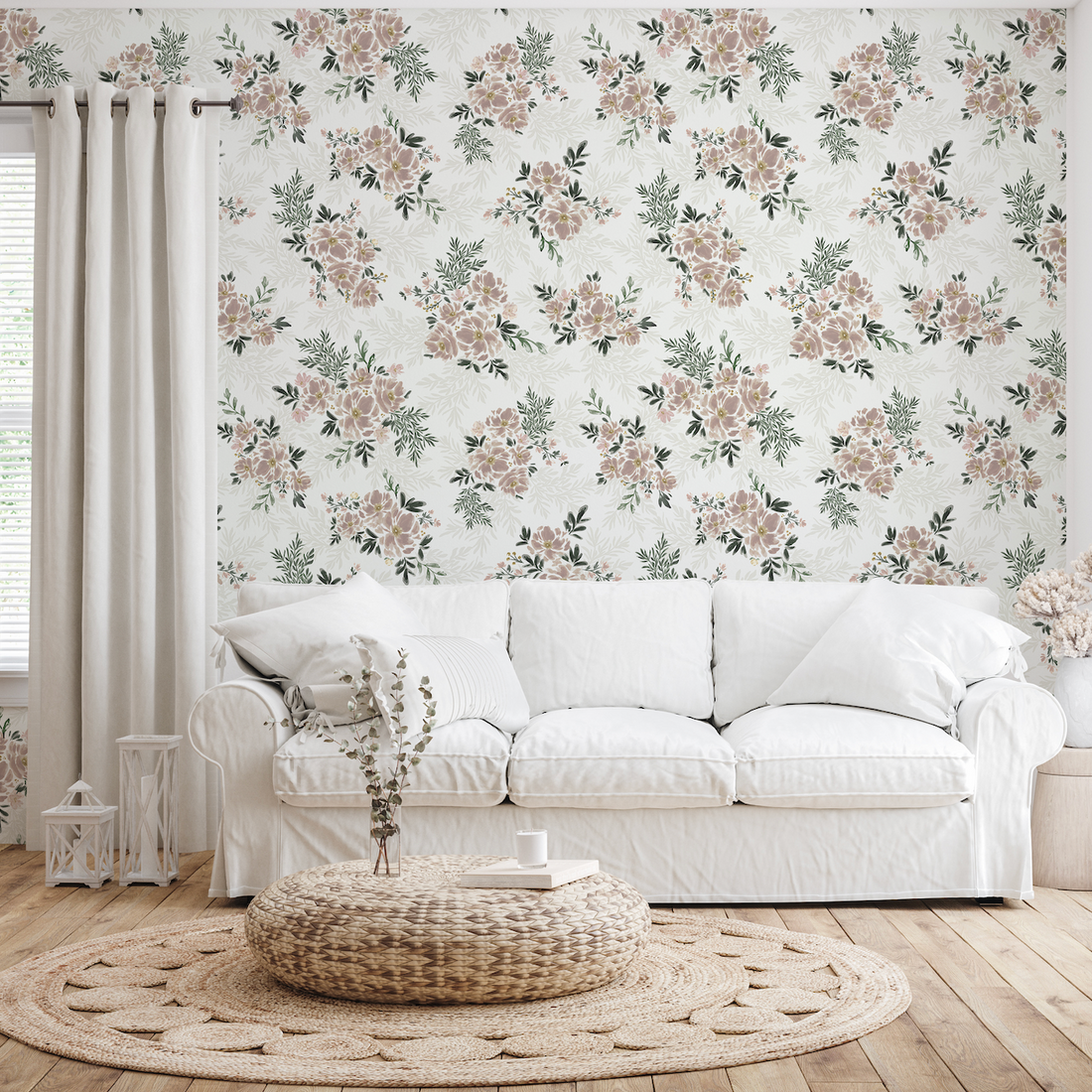 Ethel floral wallpaper featuring pink, green, white, and dark-grey floral patterns.