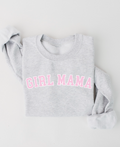 Grey and light-pink Girl Mama varsity outline pullover in a relaxed knit style.