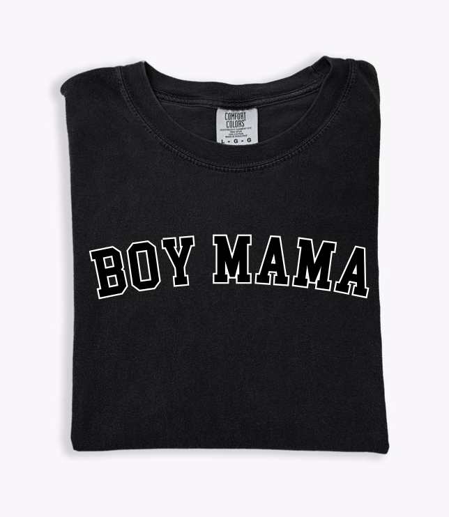 Black Boy Mama varsity graphic tee with crew neckline and relaxed fit