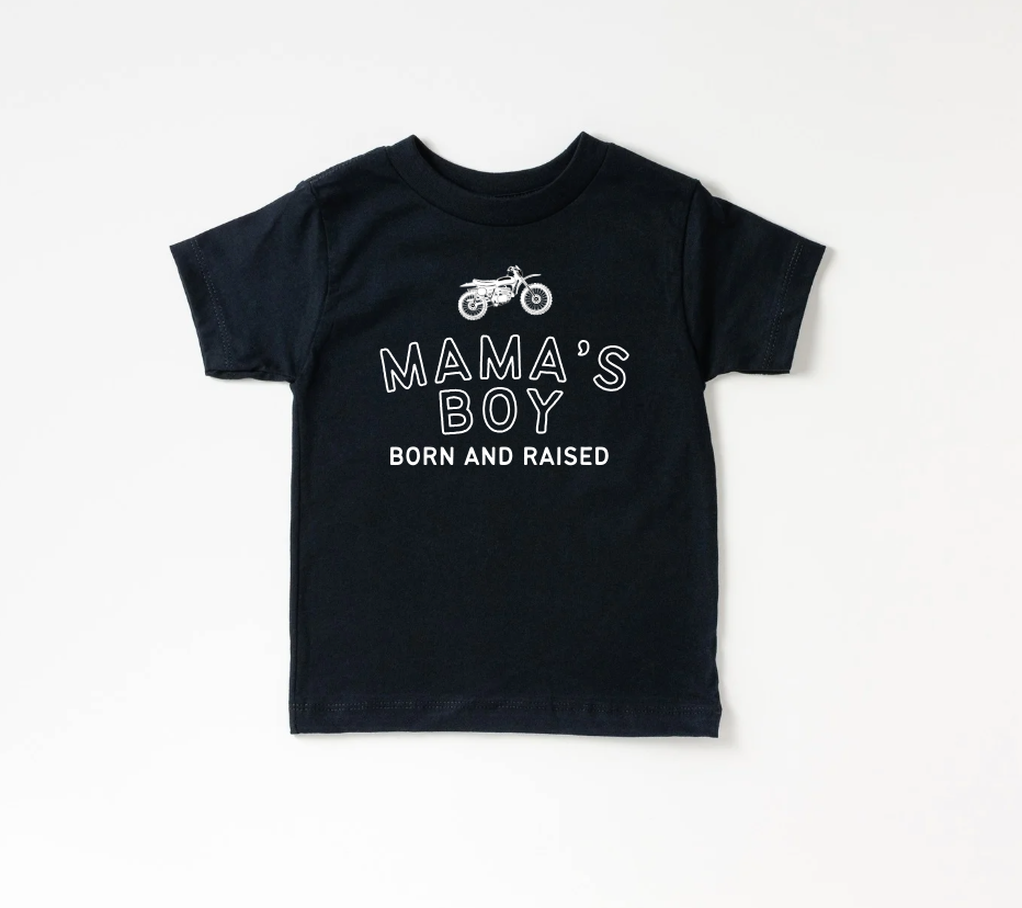 Unisex kids' black and white graphic tee reading Mama's Boy Born & Raised.