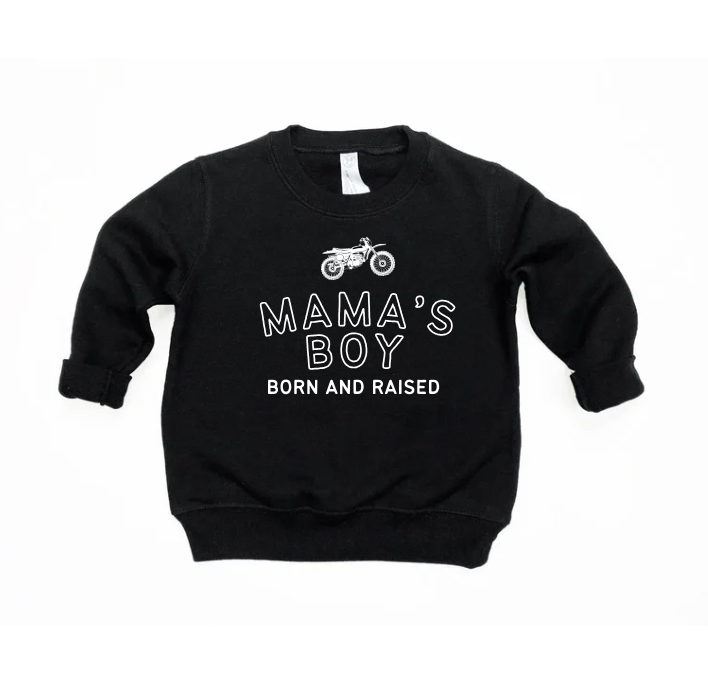 Unisex Mama's Boy Born & Raised graphic crewneck pullover in black and white