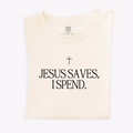 Jesus Saves, I Spend graphic t-shirt in cream featuring a relaxed streetwear fit