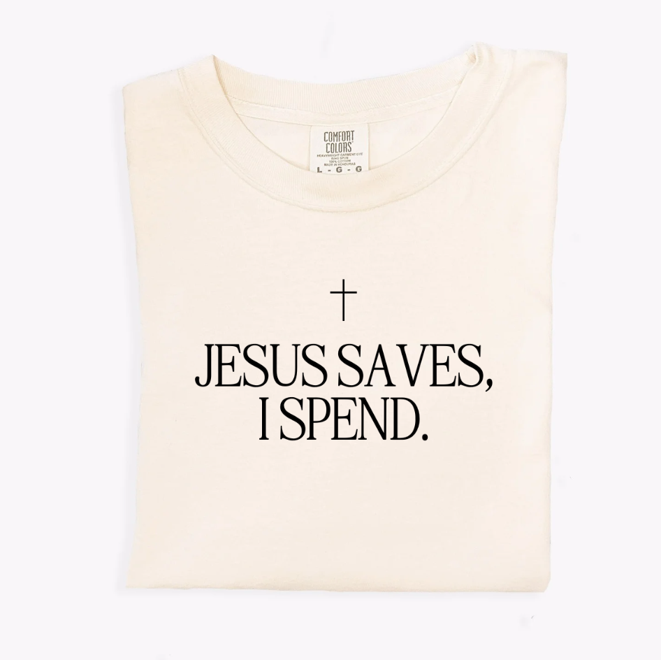 Jesus Saves, I Spend graphic t-shirt in cream featuring a relaxed streetwear fit