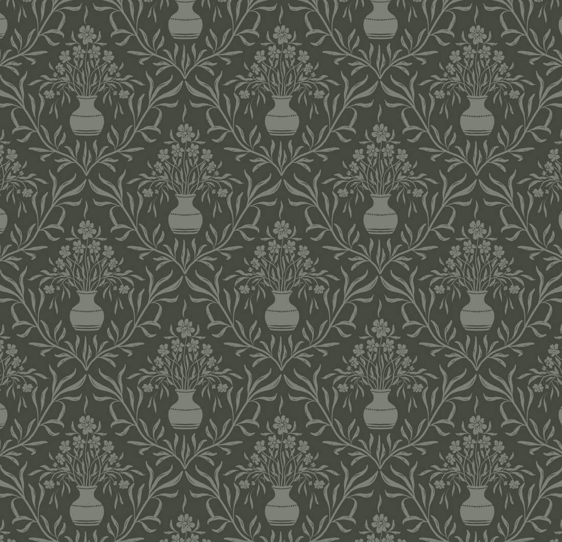 Adela Grey and White Floral Transitional Wallpaper