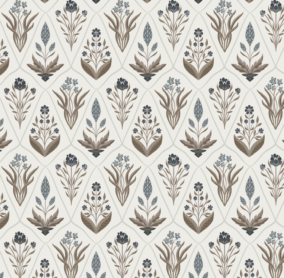 Alexandra Floral Wallpaper in Dark-Purple, Sage-Green, Terracotta