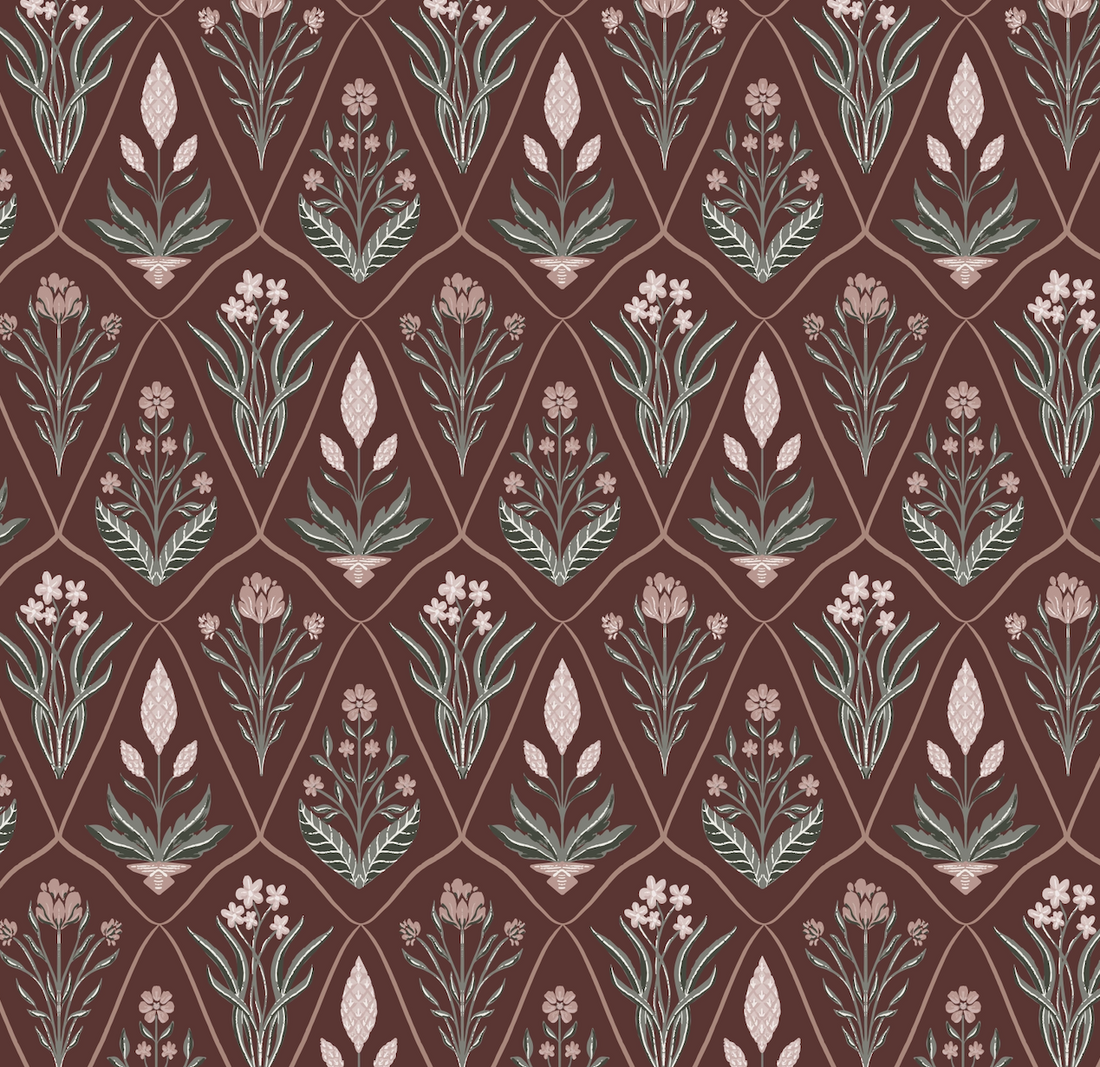 Alexandra Floral Wallpaper in Dark-Purple, Sage-Green, Terracotta