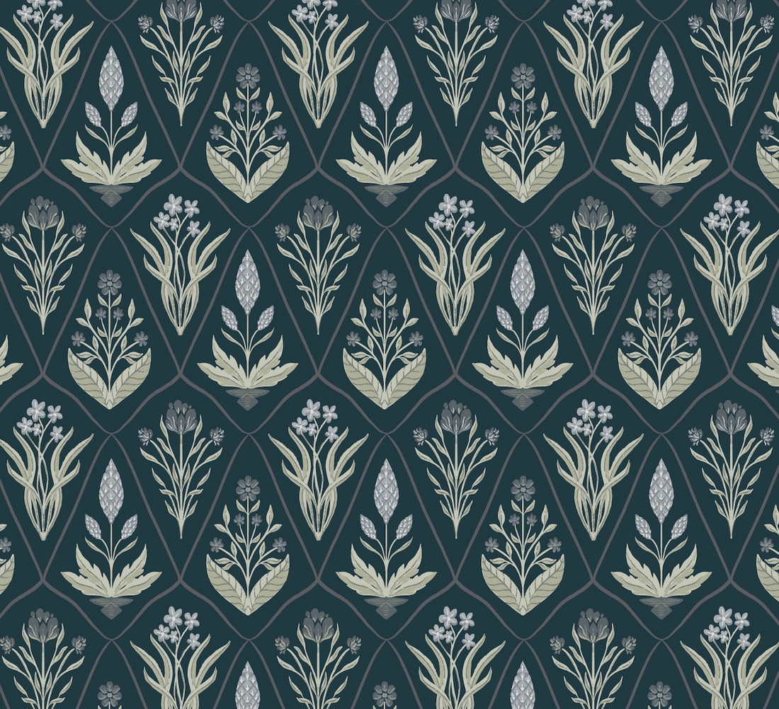 Alexandra Floral Wallpaper in Dark-Purple, Sage-Green, Terracotta