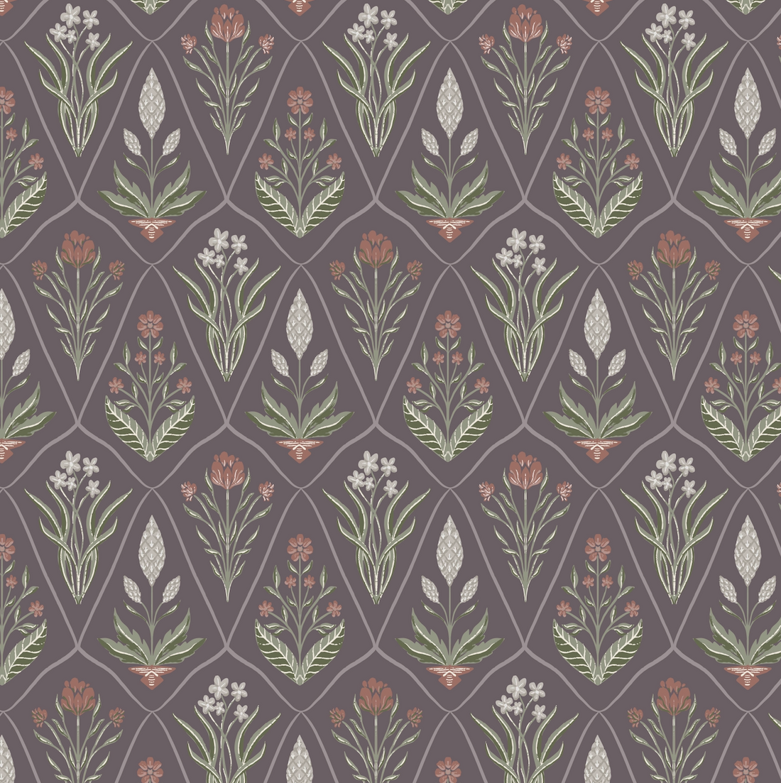 Alexandra Floral Wallpaper in Dark-Purple, Sage-Green, Terracotta