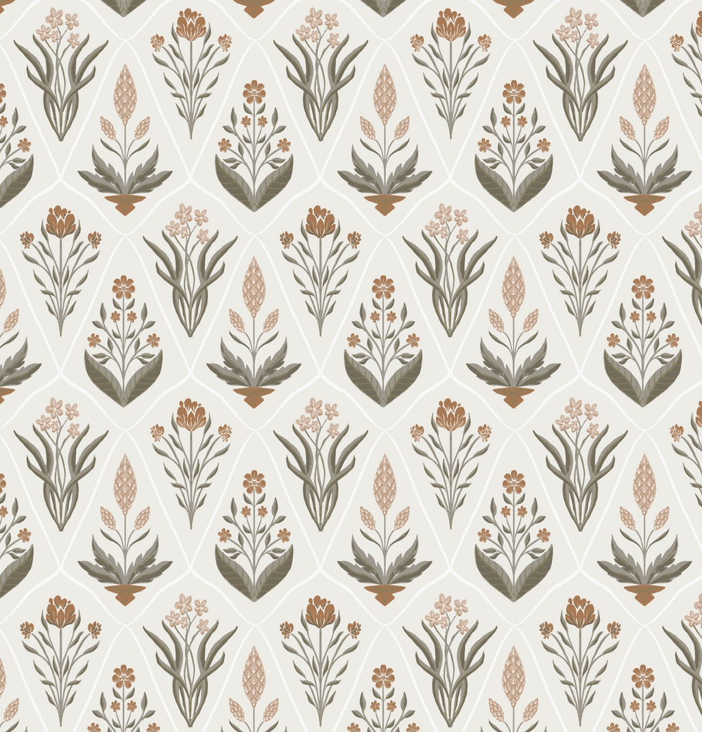 Alexandra Floral Wallpaper in Dark-Purple, Sage-Green, Terracotta