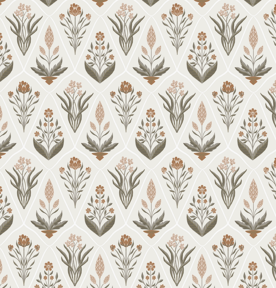 Alexandra Floral Wallpaper in Dark-Purple, Sage-Green, Terracotta