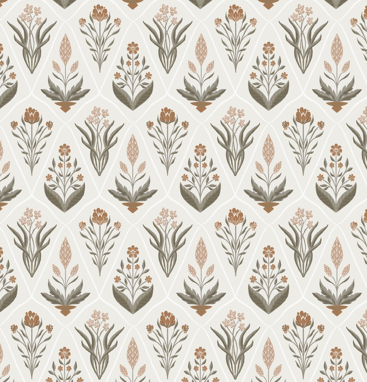 Alexandra Floral Wallpaper in Dark-Purple, Sage-Green, Terracotta