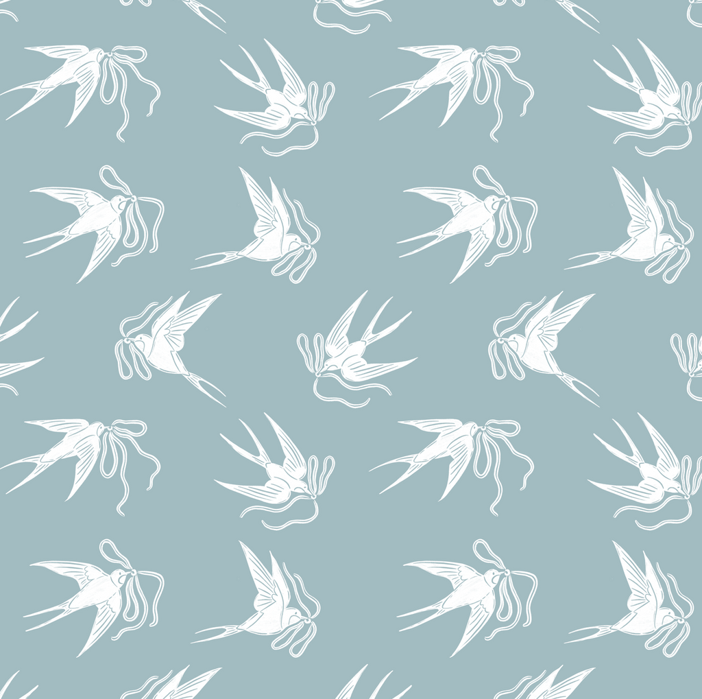 Sloane Floral Wallpaper in Soft Pastel Blue-Grey and Sage-Green
