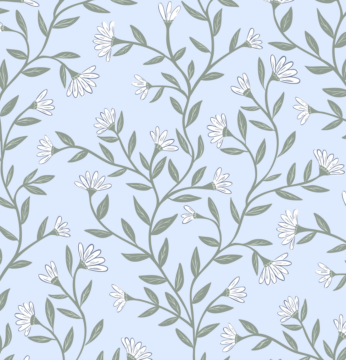 Kali Floral Wallpaper in Light Blue, Sage Green and White
