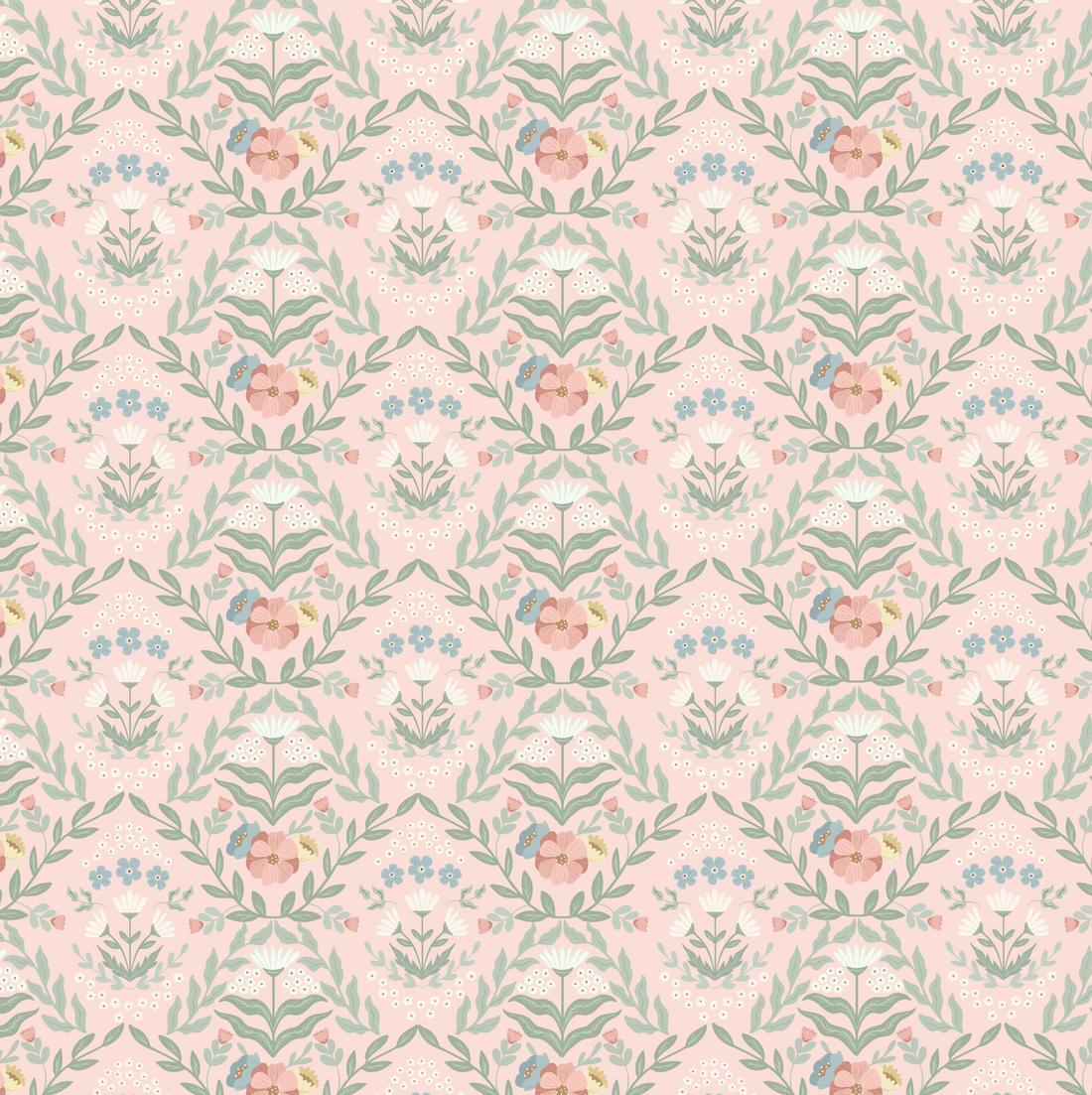 Zuri Floral Wallpaper in Green, Blue, Pink and White
