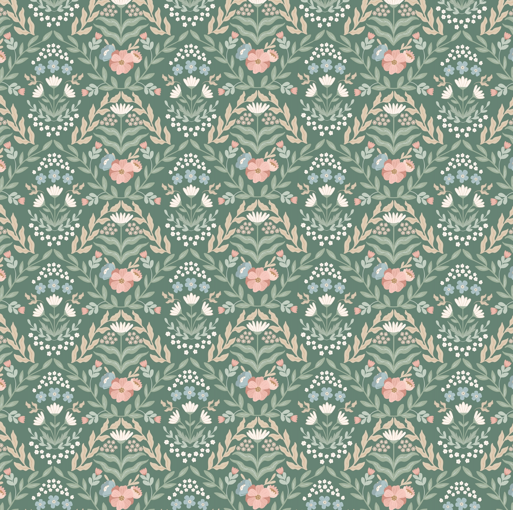 Zuri Floral Wallpaper in Green, Blue, Pink and White