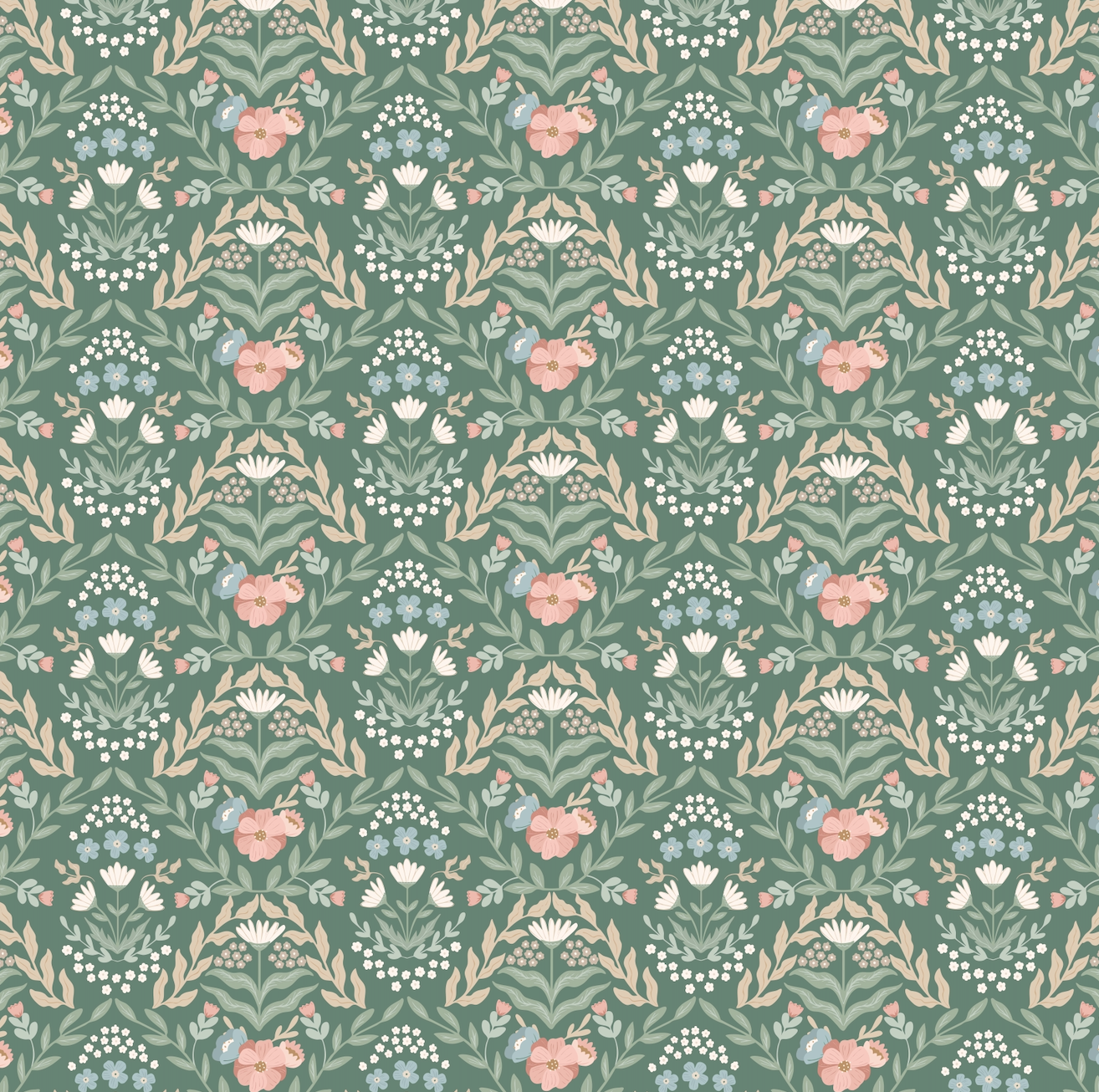 Zuri Floral Wallpaper in Green, Blue, Pink and White