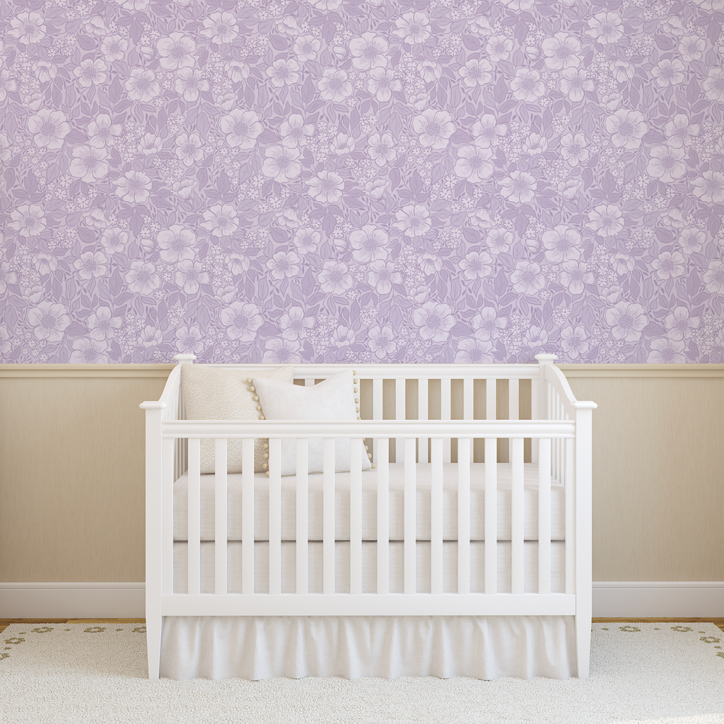 Abby floral wallpaper in lavender, pink, and sage-green on a white background