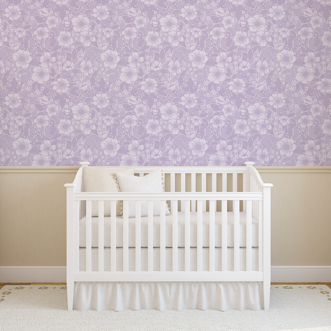 Abby floral wallpaper in lavender, pink, and sage-green on a white background