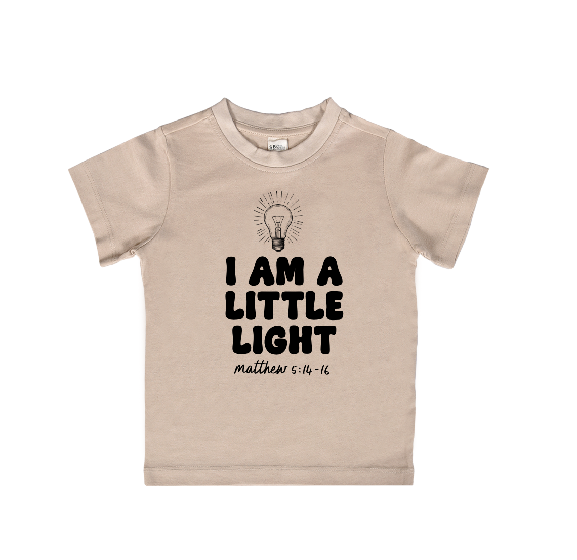 Minimalist beige and black graphic tee with 'I am a Little Light' faith-based text.
