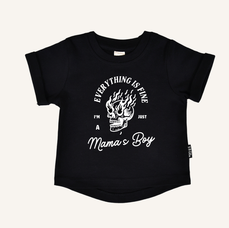 Everything's Fine Mama's Boy Graphic Kids Tee - Black & White