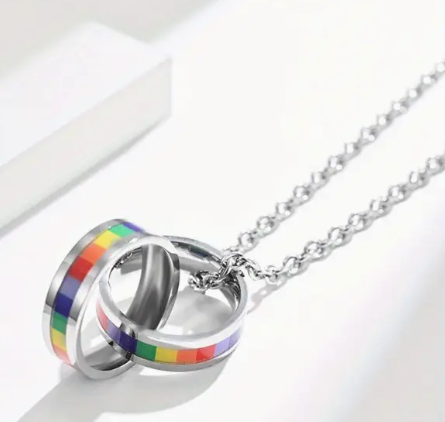 Stainless Steel Rainbow Double Ring LGBTQ Pride Necklace