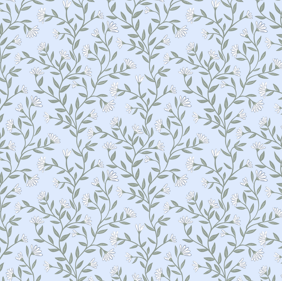 Kali Floral Wallpaper in Light Blue, Sage Green and White