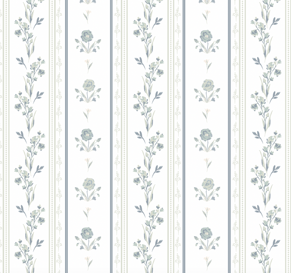Delphine Floral Removable Wallpaper in White, Sage-Green & Slate-Blue