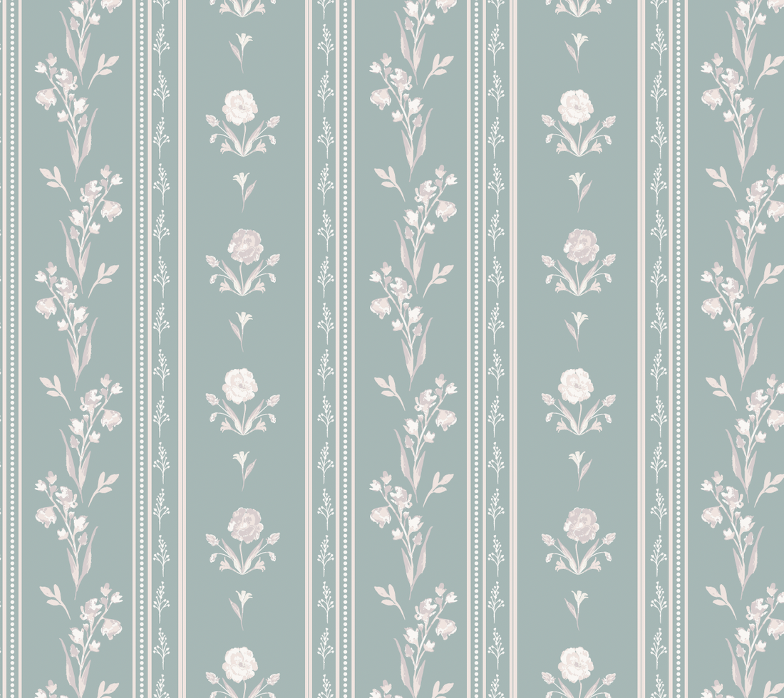 Delphine Floral Removable Wallpaper in White, Sage-Green & Slate-Blue