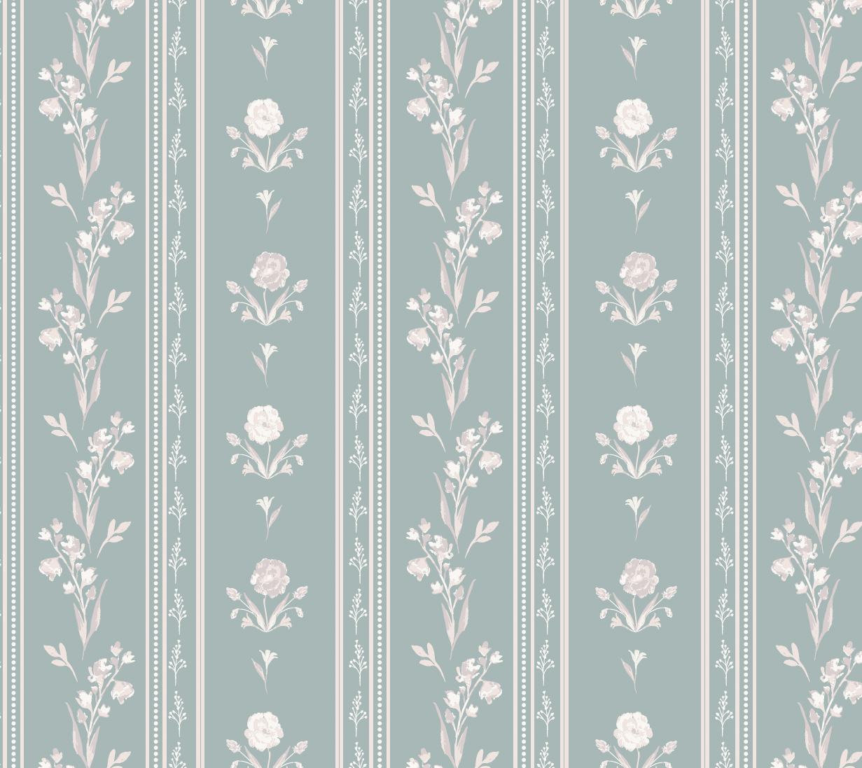 Delphine Floral Removable Wallpaper in White, Sage-Green & Slate-Blue