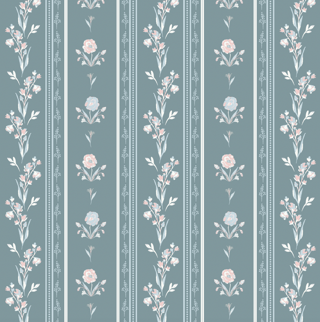 Delphine Floral Removable Wallpaper in White, Sage-Green & Slate-Blue