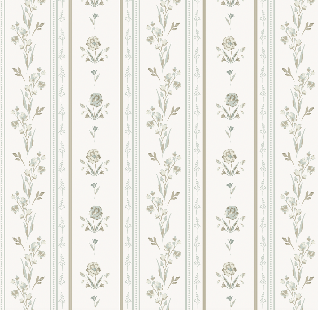 Delphine Floral Removable Wallpaper in White, Sage-Green & Slate-Blue