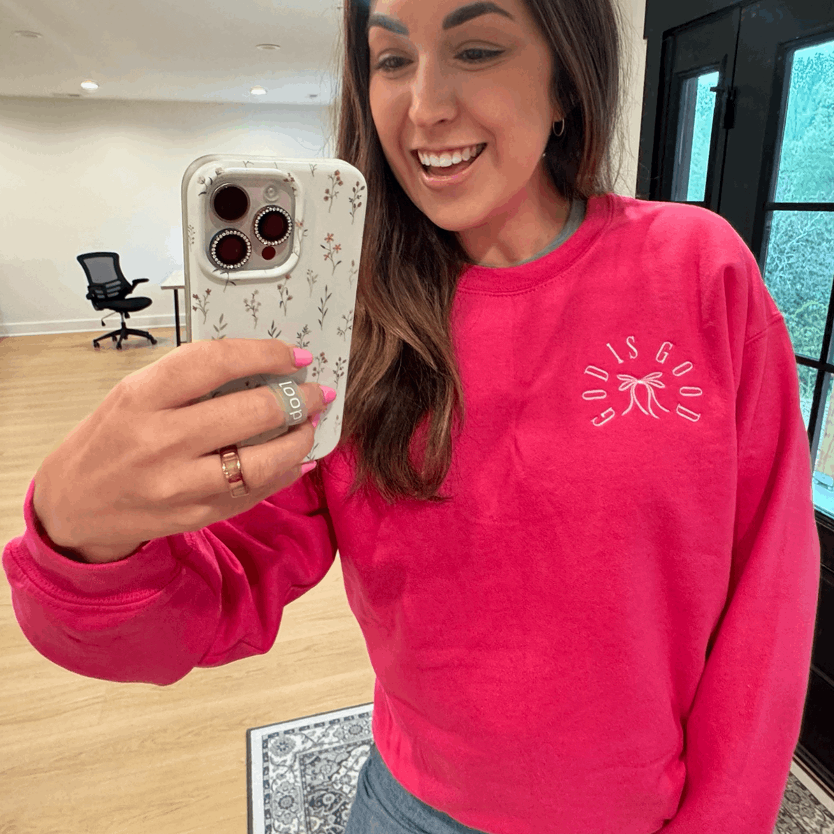 Embroidered God Is Good Bow Christian Sweatshirt